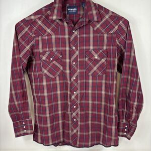 Wrangler Shirt Mens LT Red/tan Plaid Pearl Snap Flannel Western Long Sleeve‎